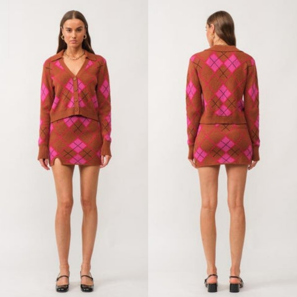 Sofie The Label Rachel Argyle Knit Cropped Cardigan Sweater Mini Skirt Set M NWT